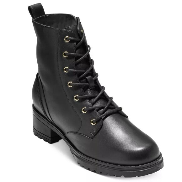 Cole Haan Camea Waterproof Combat Lace up Boots 7 Black Leather Lug Sole NEW - Picture 1 of 15